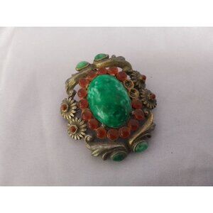 Vintage West Germany Ornate Brooch Green & Red Gemstones (Missing 2) Floral
